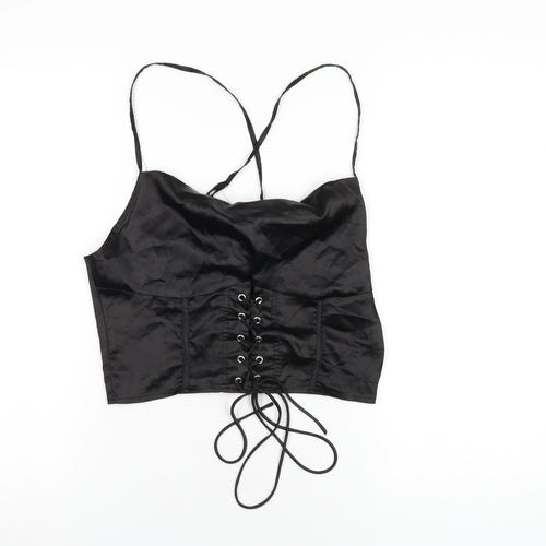 PRETTYLITTLETHING Womens Black Polyester Camisole T-Shirt Size 12 Cowl Neck