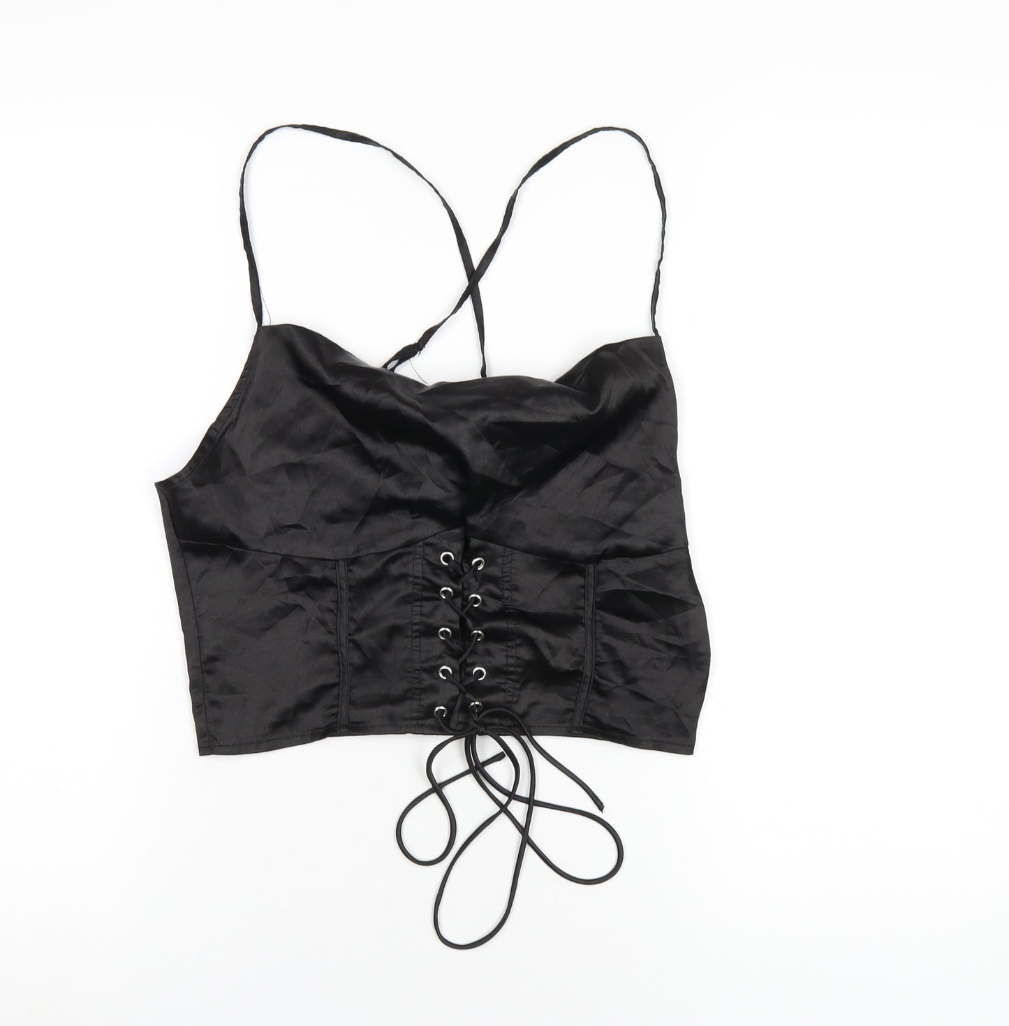 PRETTYLITTLETHING Womens Black Polyester Camisole T-Shirt Size 12 Cowl Neck