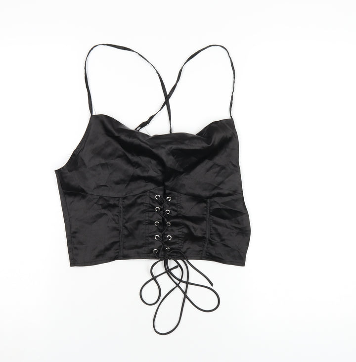 PRETTYLITTLETHING Womens Black Polyester Camisole T-Shirt Size 12 Cowl Neck