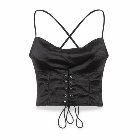 Front view of PRETTYLITTLETHING women’s black polyester camisole t-shirt, size UK 12, cowl neck