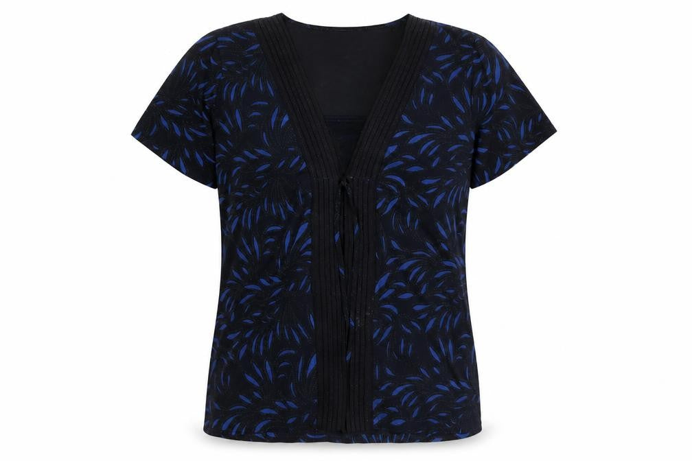 Front view of Bonmarché women’s blue geometric polyester basic t-shirt, size UK 14, scoop neck