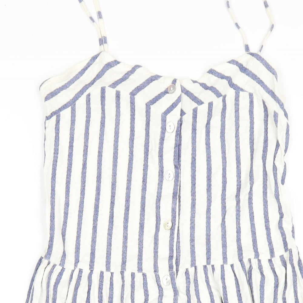 Zara Womens White Striped Cotton A-Line Size S V-Neck Button