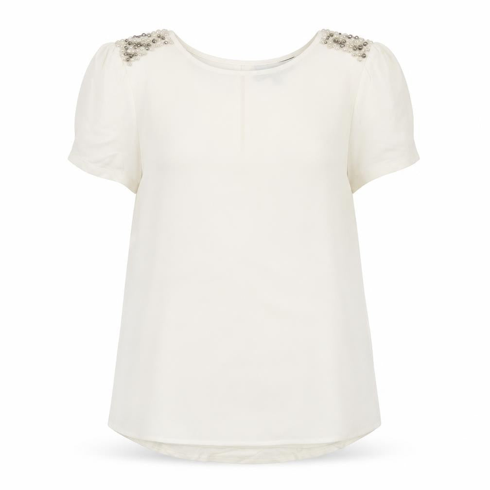Front view of Warehouse women’s ivory viscose basic t-shirt, size UK 12, round neck