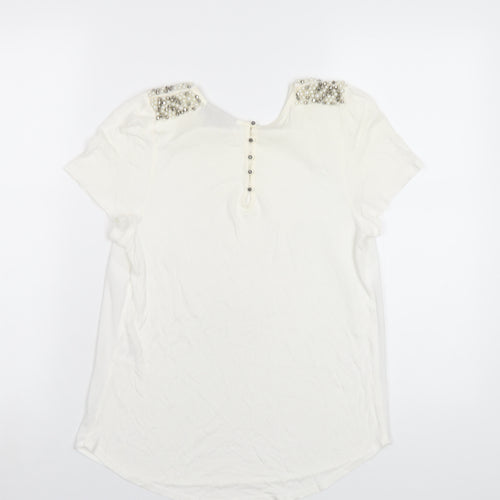 Warehouse Womens Ivory Viscose Basic T-Shirt Size 12 Round Neck