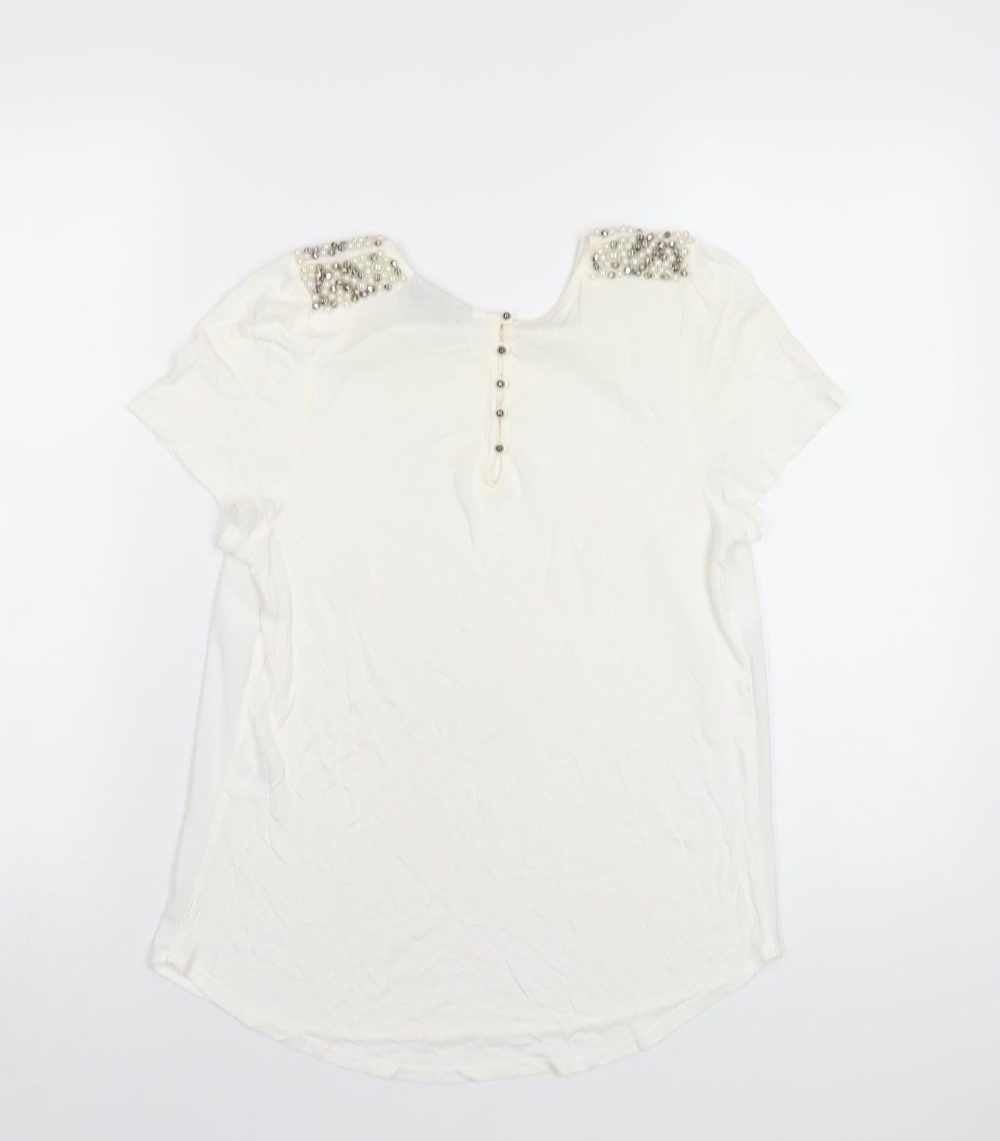 Warehouse Womens Ivory Viscose Basic T-Shirt Size 12 Round Neck