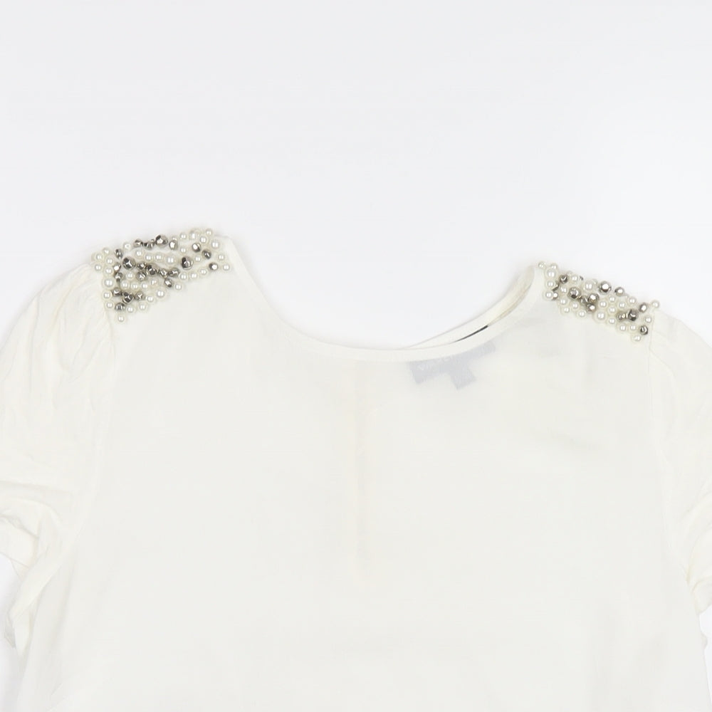 Warehouse Womens Ivory Viscose Basic T-Shirt Size 12 Round Neck