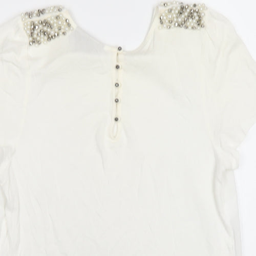 Warehouse Womens Ivory Viscose Basic T-Shirt Size 12 Round Neck