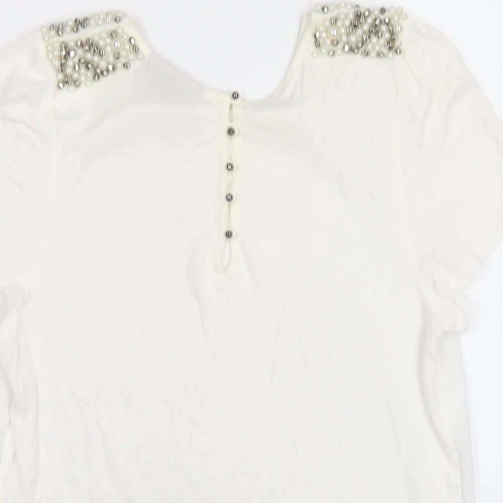 Warehouse Womens Ivory Viscose Basic T-Shirt Size 12 Round Neck