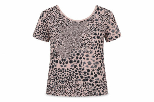Front view of Next women’s pink geometric viscose basic t-shirt, size UK 8, boat neck