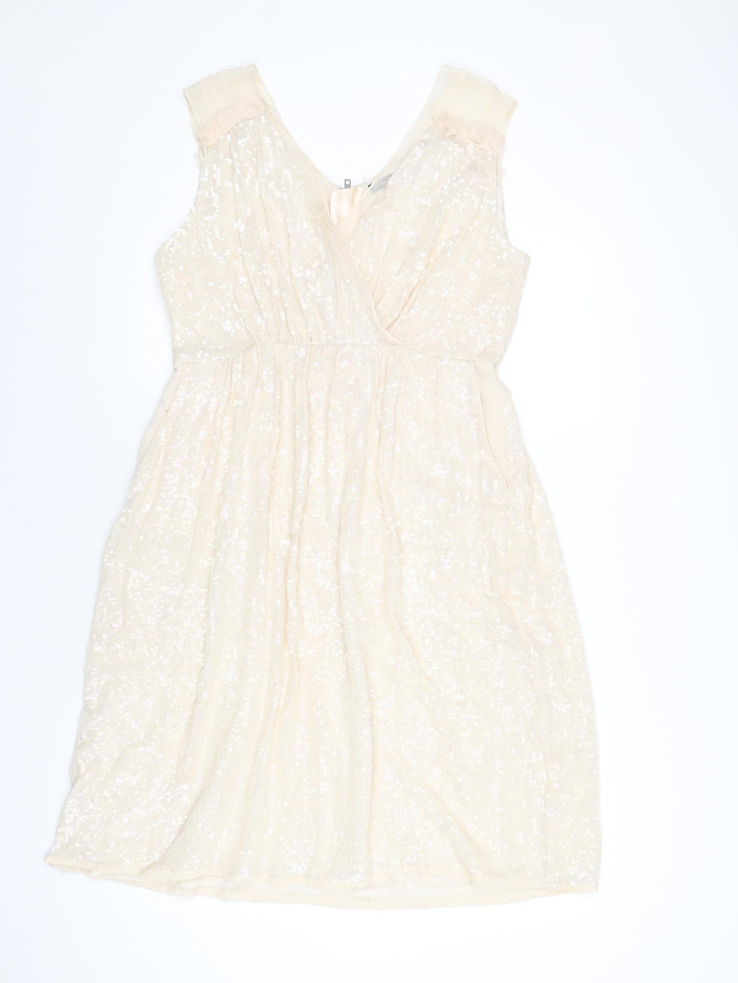 French Connection Womens Ivory Polyester A-Line Size 14 V-Neck Zip - Sequin