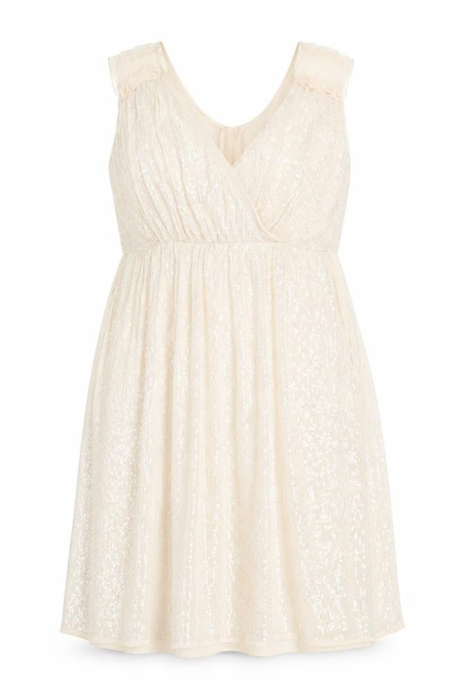 Front view of French Connection women’s ivory polyester a-line, size UK 14, v-neck zip - sequin