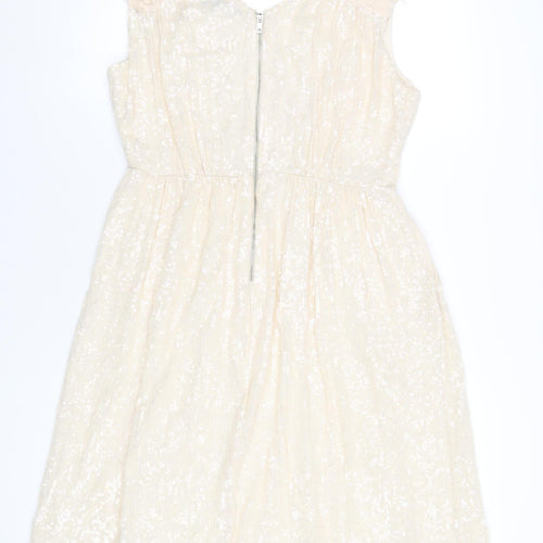 French Connection Womens Ivory Polyester A-Line Size 14 V-Neck Zip - Sequin