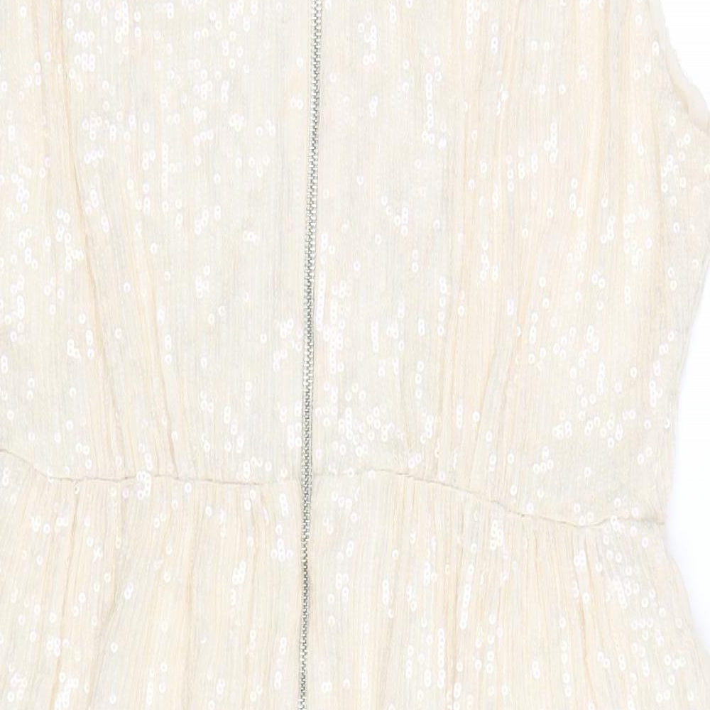 French Connection Womens Ivory Polyester A-Line Size 14 V-Neck Zip - Sequin