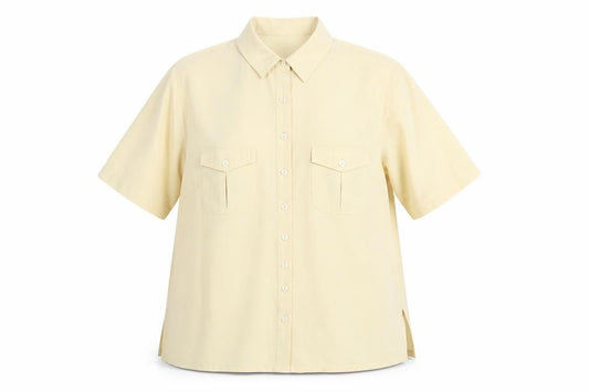 Front view of Marks & Spencer women’s yellow polyester basic button-up, size UK 18, collared