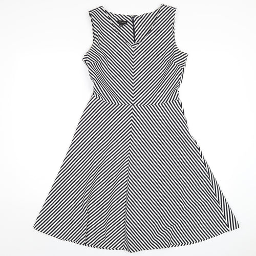 Talbots Womens Black Striped Polyester A-Line Size S V-Neck Zip