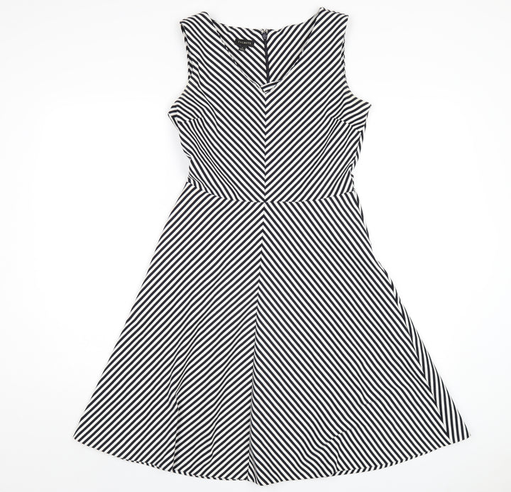 Talbots Womens Black Striped Polyester A-Line Size S V-Neck Zip