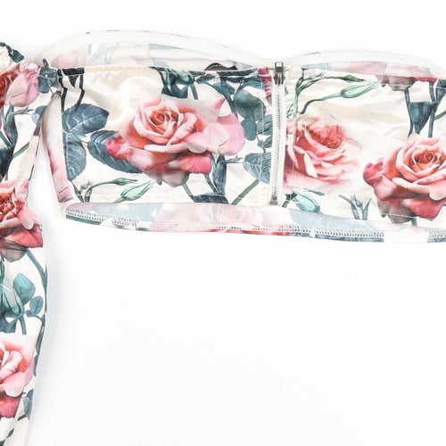 PRETTYLITTLETHING Womens Multicoloured Floral Polyester Cropped T-Shirt Size 4 Sweetheart