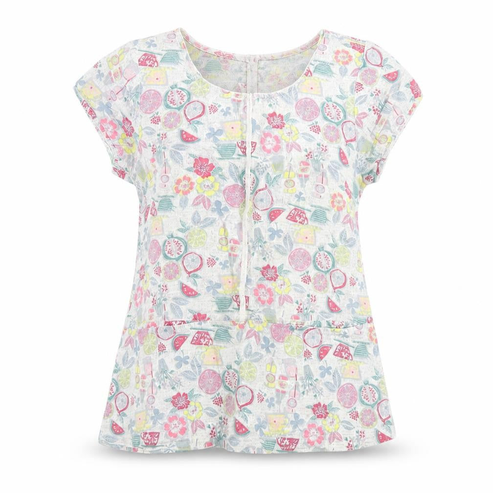 Front view of Mistral women’s multicoloured geometric cotton basic t-shirt, size UK 12, round neck