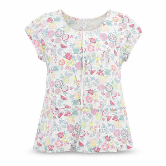 Front view of Mistral women’s multicoloured geometric cotton basic t-shirt, size UK 12, round neck