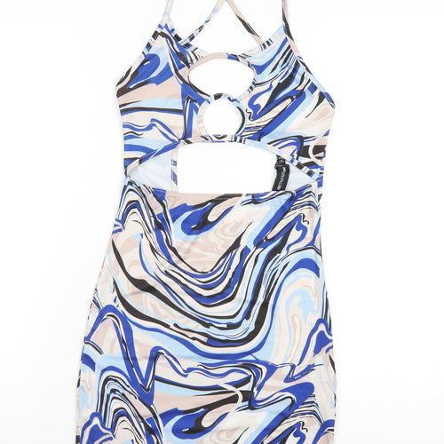 PRETTYLITTLETHING Womens Blue Geometric Polyester Bodycon Size 8 Scoop Neck Pullover