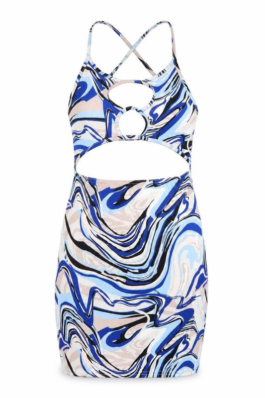 Front view of PRETTYLITTLETHING women’s blue geometric polyester bodycon, size UK 8, scoop neck pullover