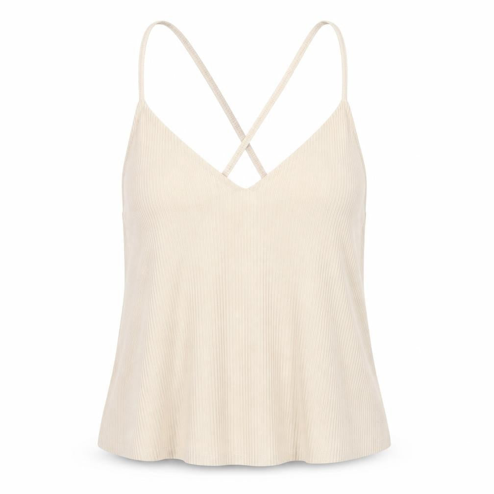 Front view of PRETTYLITTLETHING women’s beige polyester camisole t-shirt, size UK 6, v-neck