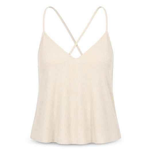Front view of PRETTYLITTLETHING women’s beige polyester camisole t-shirt, size UK 6, v-neck