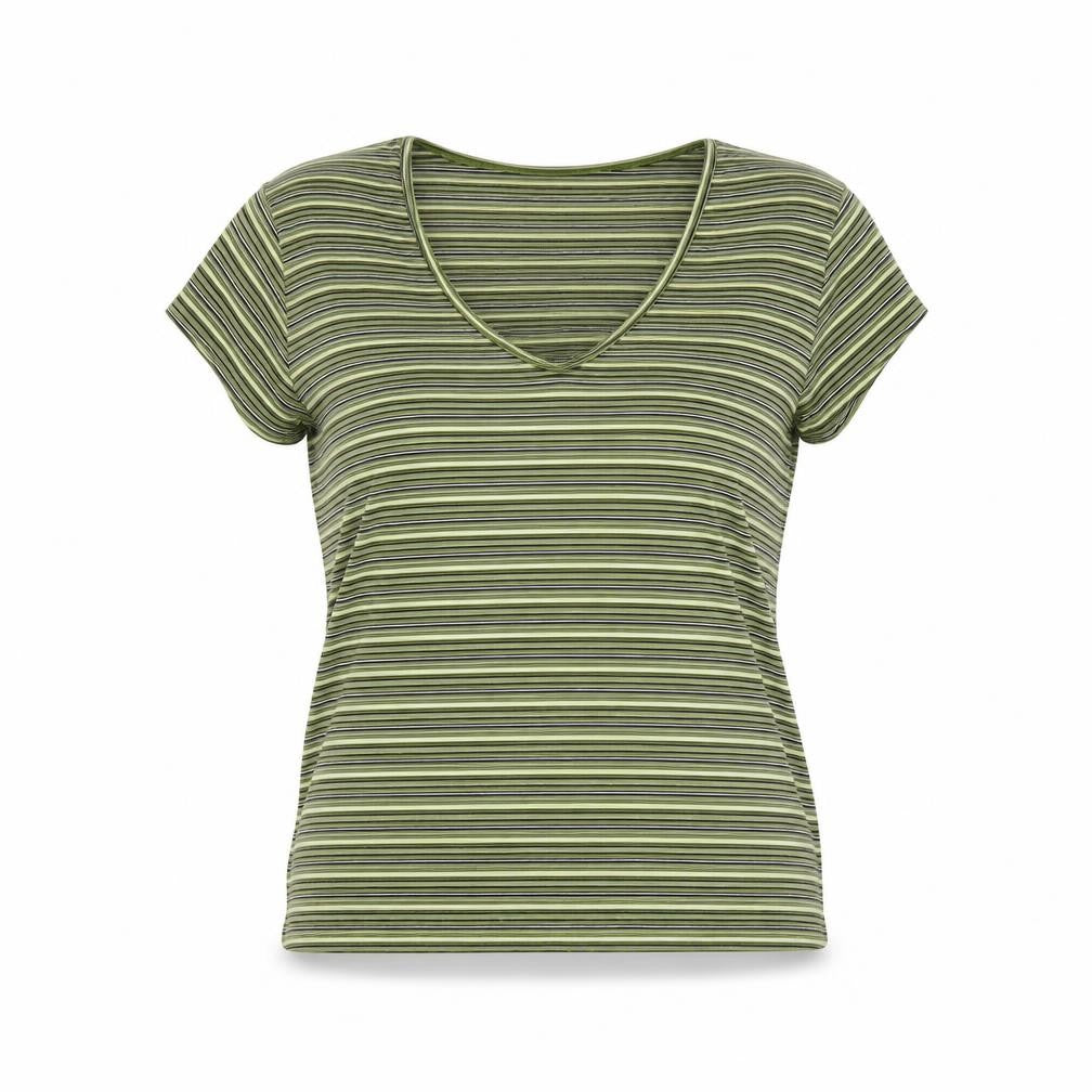 Front view of Planet women’s green striped polyester basic t-shirt, size XL, v-neck