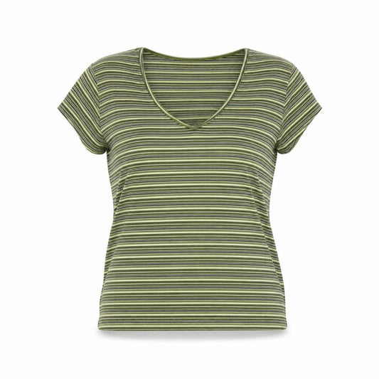 Front view of Planet women’s green striped polyester basic t-shirt, size XL, v-neck