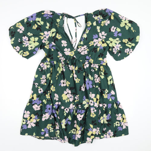 Nobody's Child Womens Green Floral Polyester A-Line Size 12 V-Neck Tie