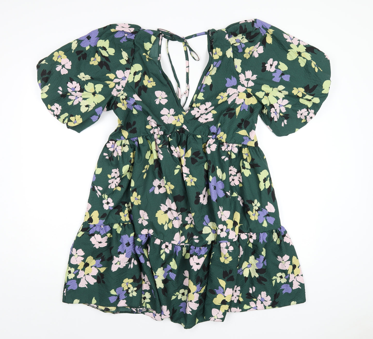 Nobody's Child Womens Green Floral Polyester A-Line Size 12 V-Neck Tie