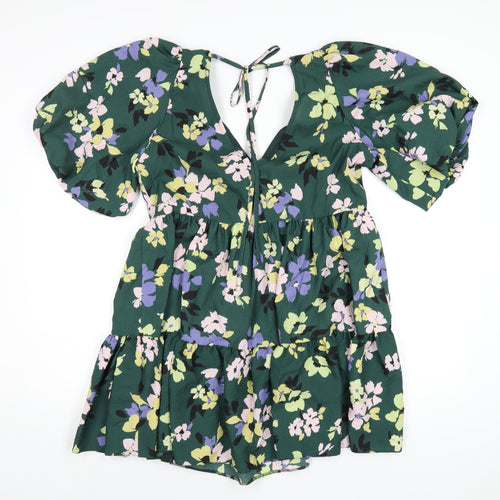 Nobody's Child Womens Green Floral Polyester A-Line Size 12 V-Neck Tie
