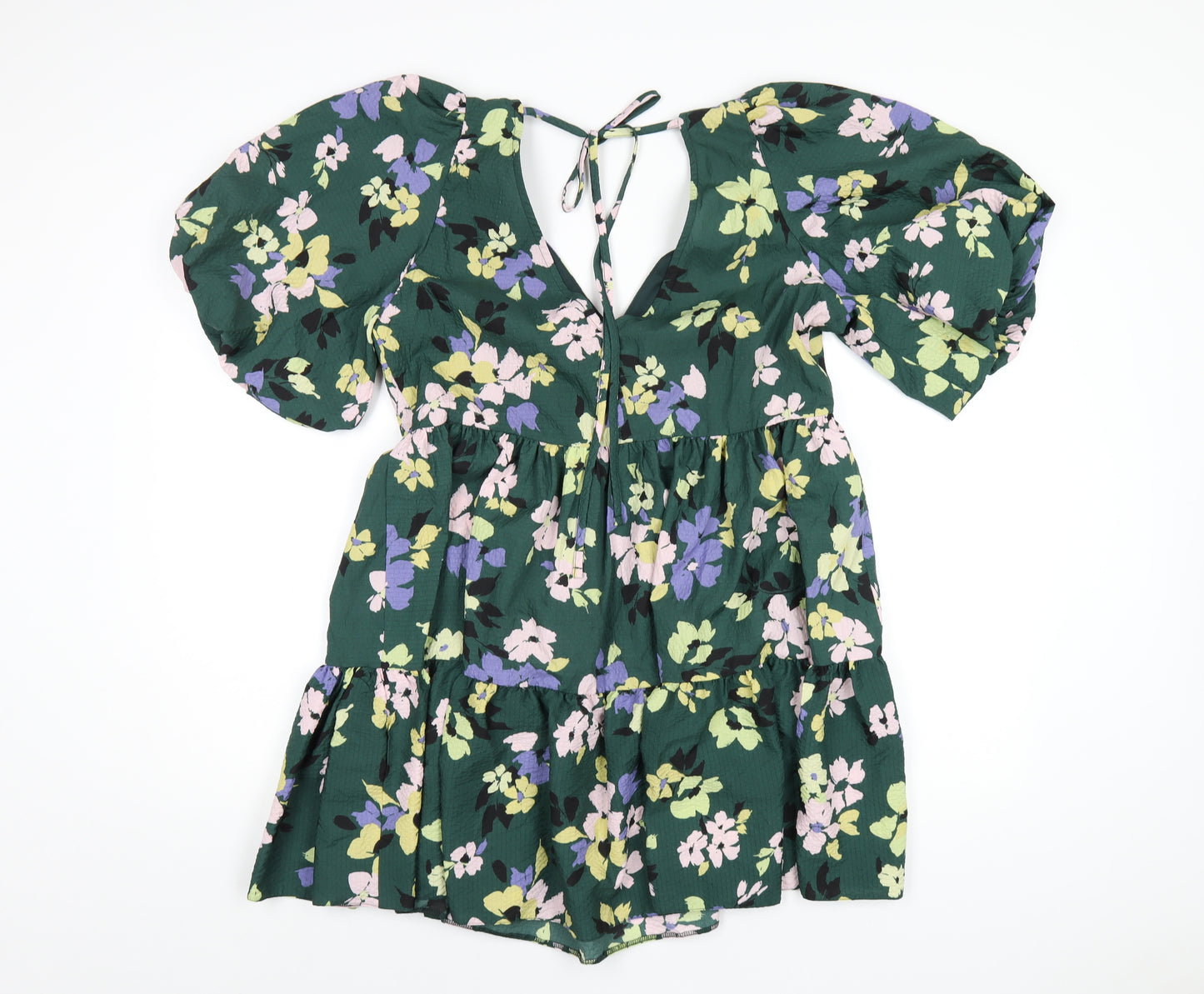 Nobody's Child Womens Green Floral Polyester A-Line Size 12 V-Neck Tie
