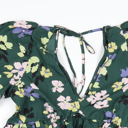 Nobody's Child Womens Green Floral Polyester A-Line Size 12 V-Neck Tie