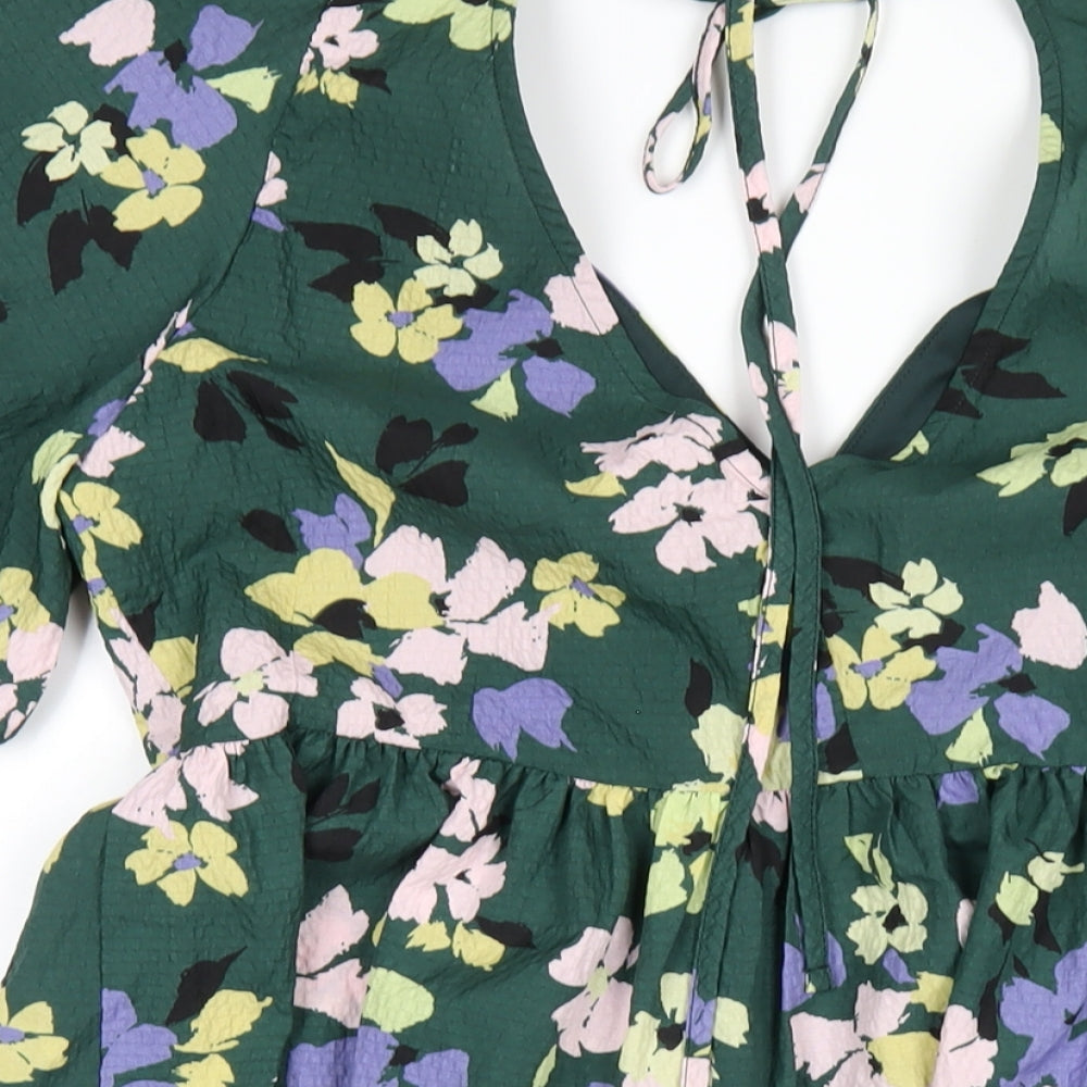 Nobody's Child Womens Green Floral Polyester A-Line Size 12 V-Neck Tie