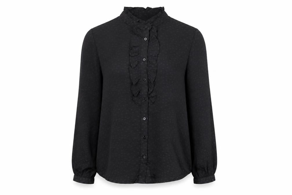 Front view of Monsoon women’s black geometric polyester basic button-up, size UK 8, round neck - star print