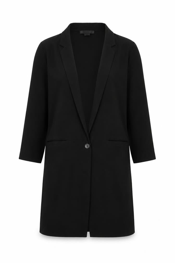 Front view of H&M women’s black jacket, size UK 12, button - split hem