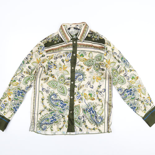 Zara Womens Ivory Floral Polyester Basic Button-Up Size XS Collared