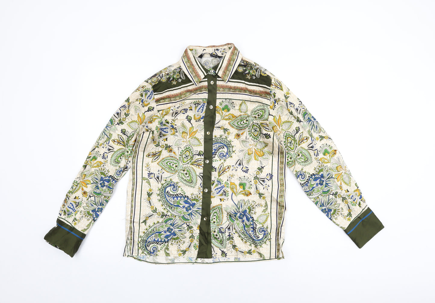 Zara Womens Ivory Floral Polyester Basic Button-Up Size XS Collared