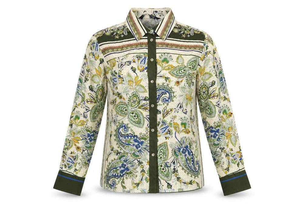 Front view of Zara women’s ivory floral polyester basic button-up, size XS, collared