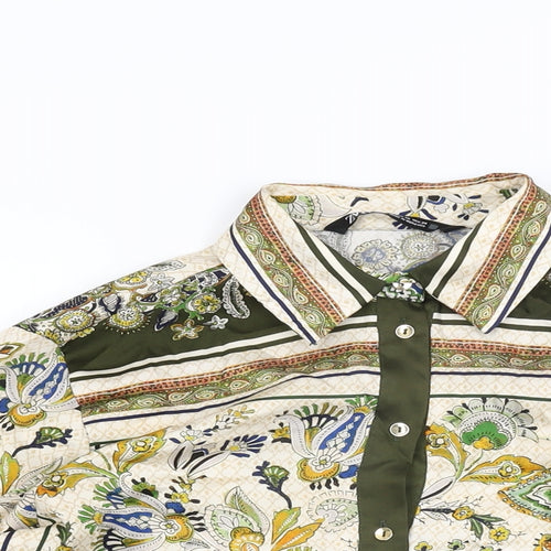Zara Womens Ivory Floral Polyester Basic Button-Up Size XS Collared