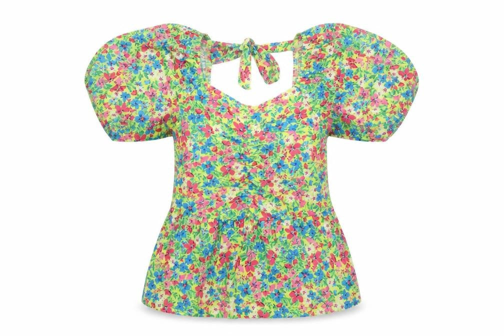 Front view of Pep&Co women’s yellow floral polyester basic blouse, size UK 8, sweetheart - balloon sleeves