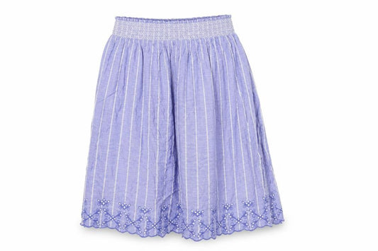 Front view of Marks & Spencer women’s blue striped viscose swing skirt, size UK 14