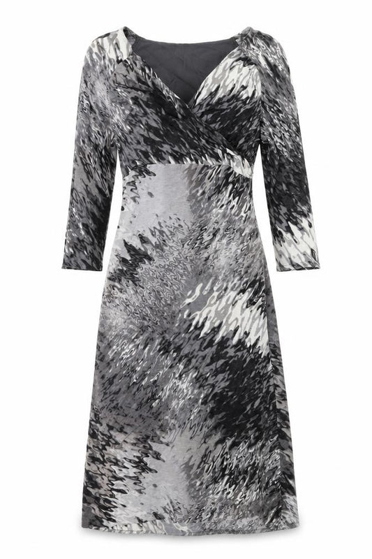 Front view of Steilmann women’s grey geometric polyester a-line, size UK 12, v-neck pullover