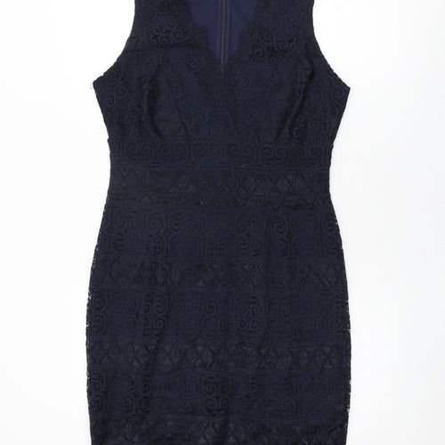 Lipsy Womens Blue Floral Polyester Bodycon Size 14 V-Neck Zip