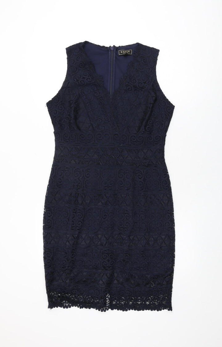 Lipsy Womens Blue Floral Polyester Bodycon Size 14 V-Neck Zip