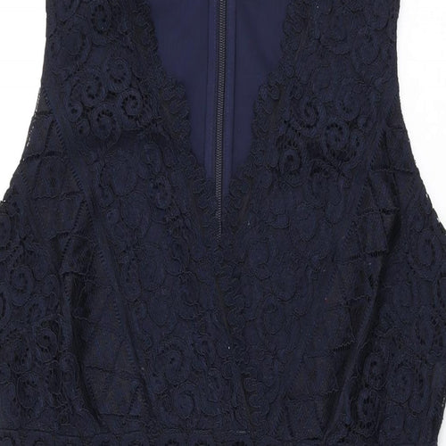 Lipsy Womens Blue Floral Polyester Bodycon Size 14 V-Neck Zip