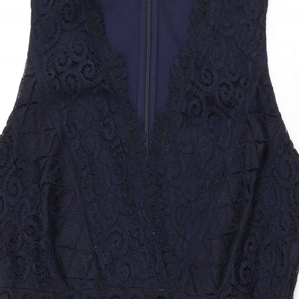 Lipsy Womens Blue Floral Polyester Bodycon Size 14 V-Neck Zip