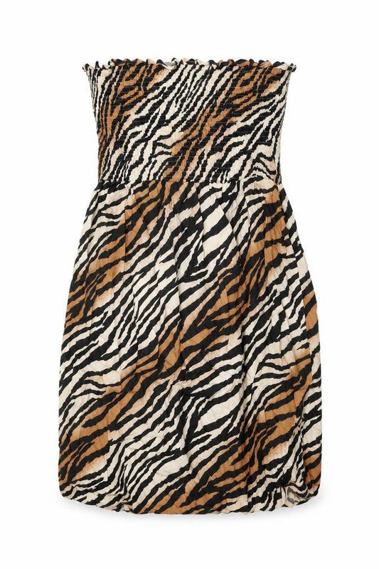 Front view of Next women’s beige animal print viscose shift, size UK 14, off the shoulder pullover