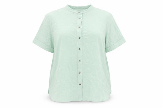 Front view of Marks & Spencer women’s green polyester basic button-up, size UK 18, round neck